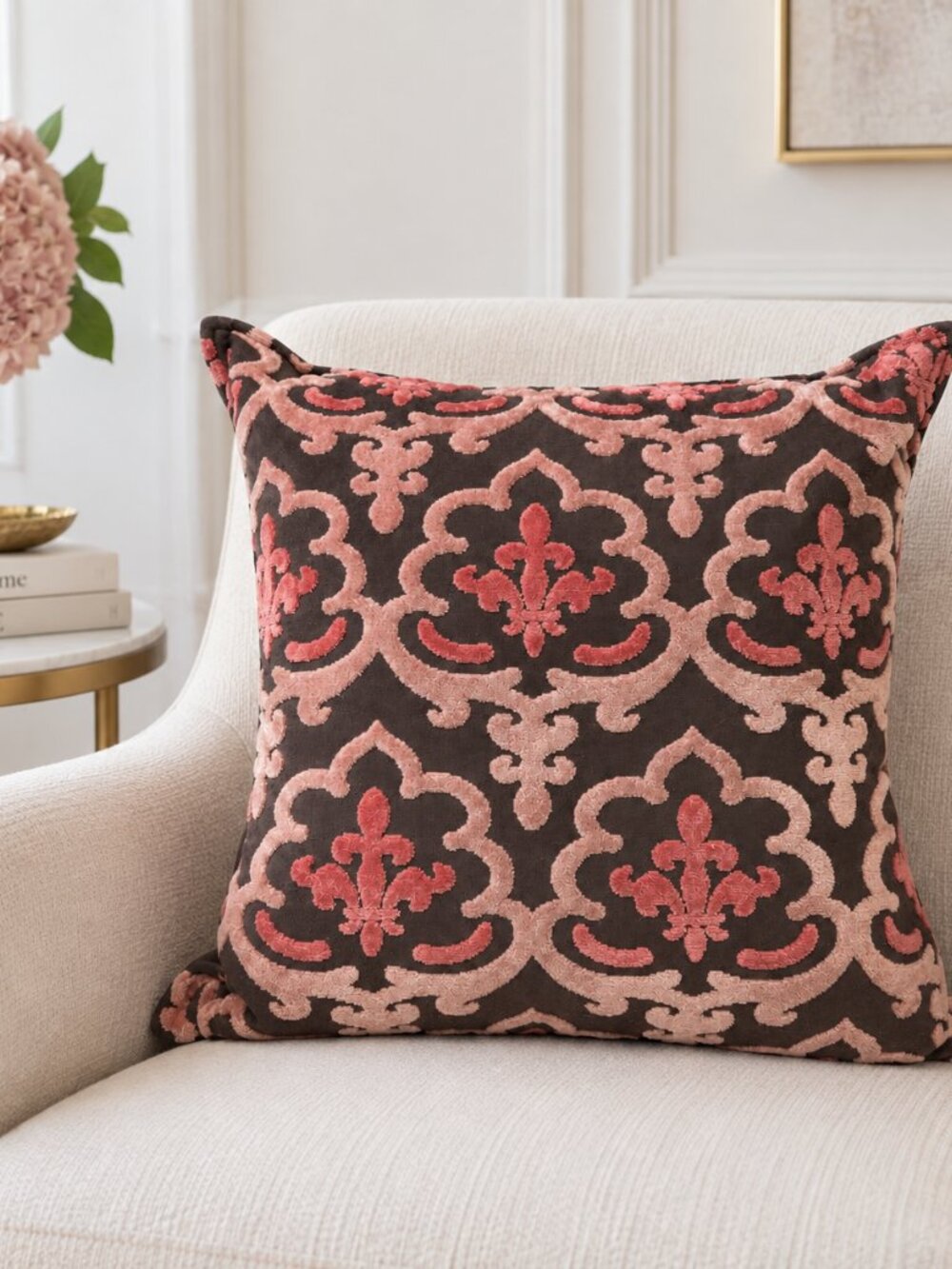 Blush Pink & Grey Velvet Damask Down-Filled Pillow 20"